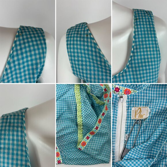 Vintage 60s Checkered Dress Women's XS Floral Trim Tiered Skirt Gingham Picnic - Picture 9 of 9